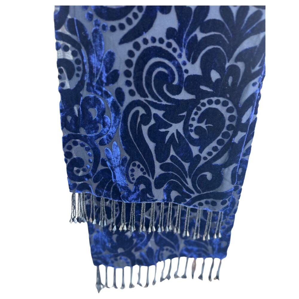 Black Beaded Midnight Blue Velvet with Black Sheer Background Long Scarf
